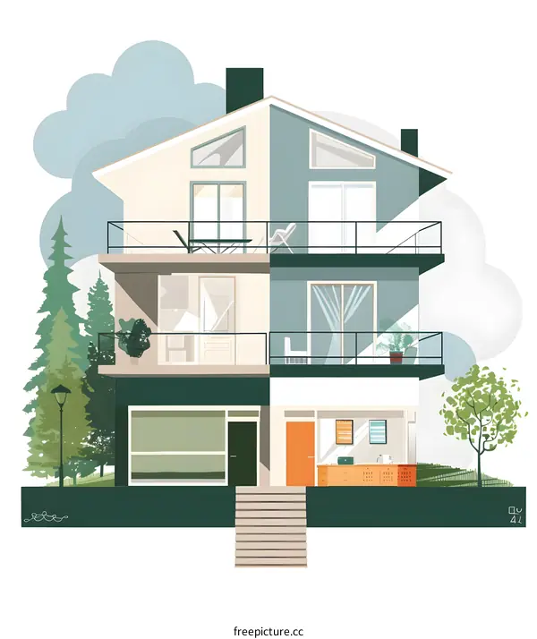 Modern Two Story House with Green Landscaping and Balconies Illustration