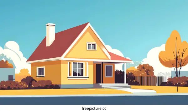 Yellow House With Red Roof In Autumn