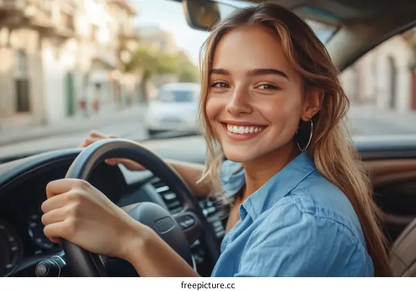 Woman Driving a Car Smiling