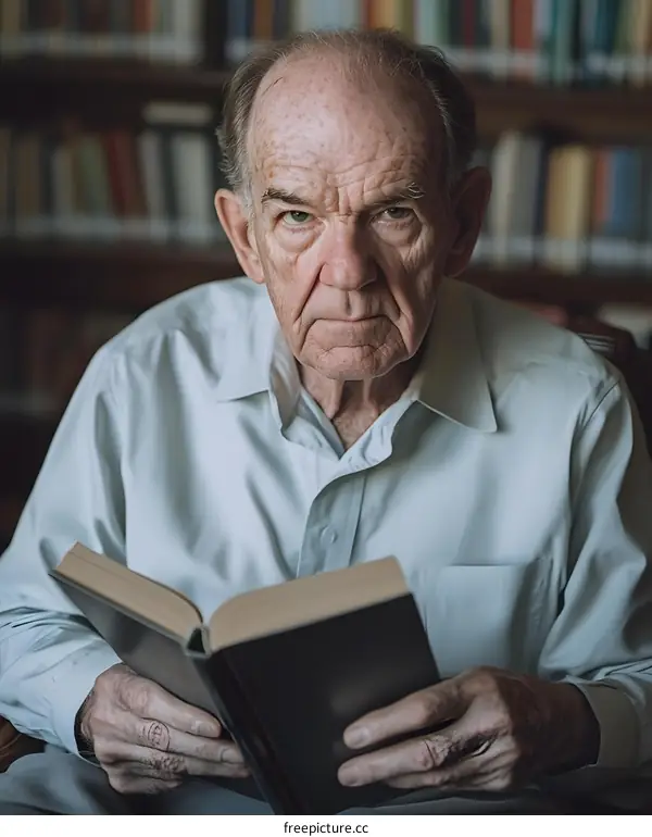 Elderly Man Reading Book in Library