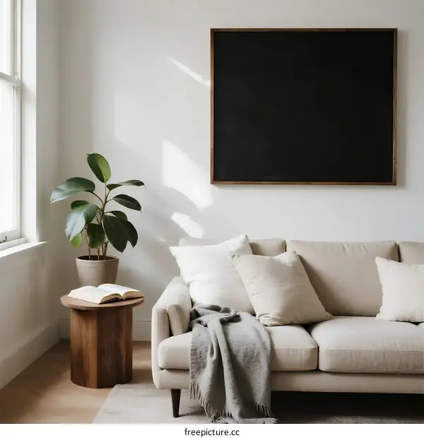 Minimalist Living Room with Sofa, Plant and Empty Canvas