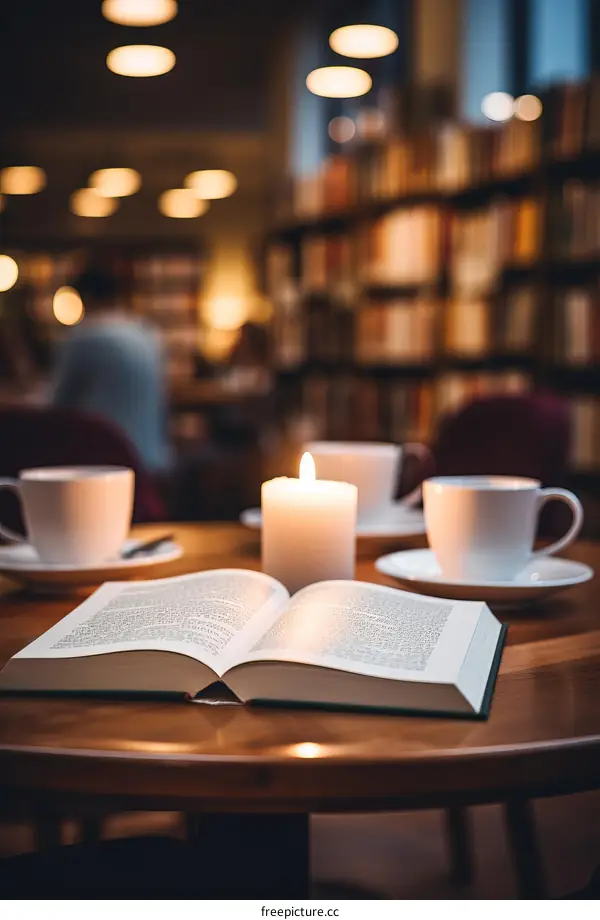 Still life with an open book a cup of coffee and a candle on a wooden table