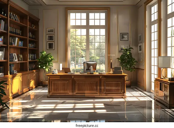 Luxurious home office interior with large windows and wooden furniture