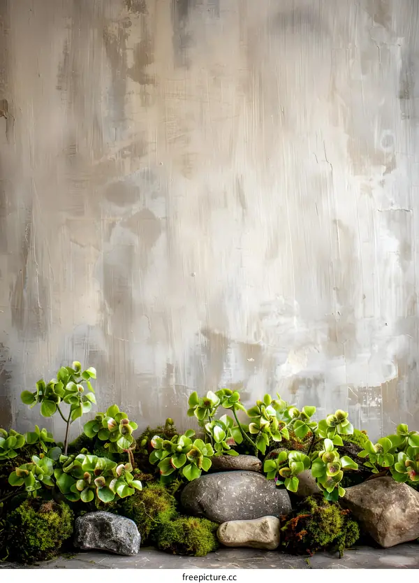 Green Plants and Stones Against a Grey Wall