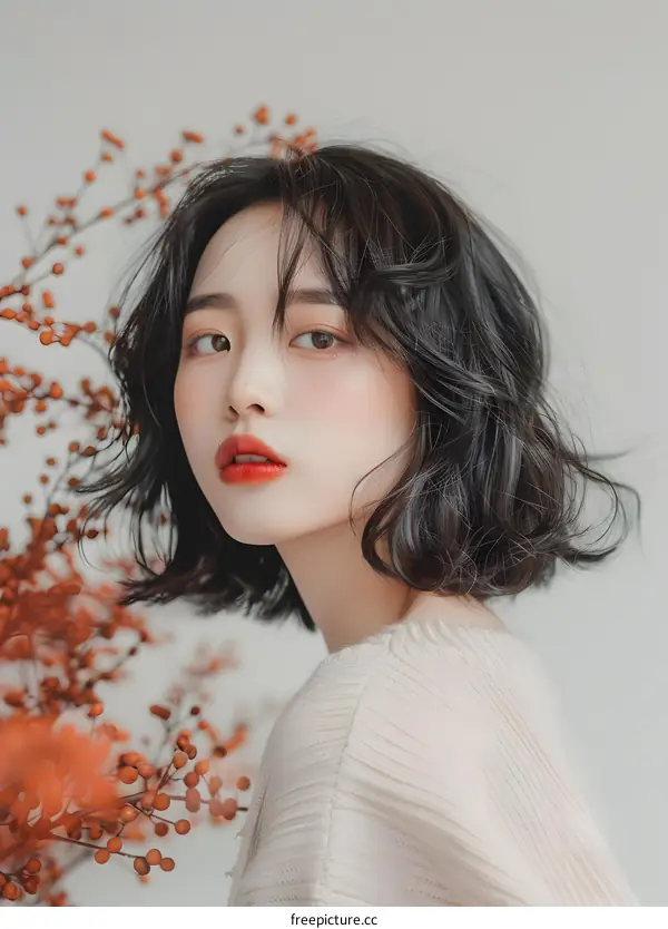 Portrait of a Young Woman with Short Black Hair and Red Lipstick