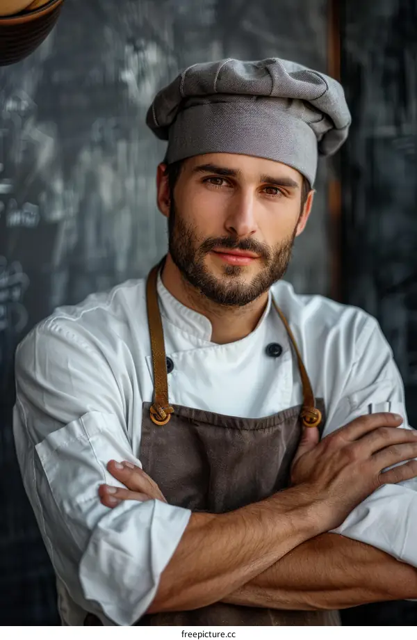Portrait of a male chef in a white coat and apron