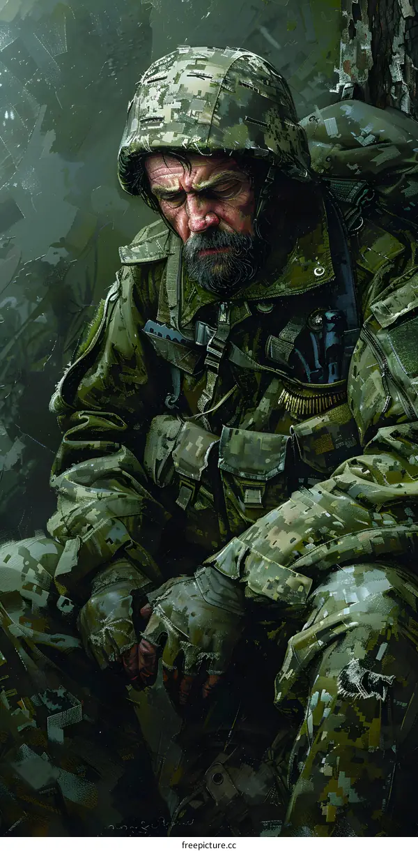 A weary soldier sits on a tree stump in the middle of a forest