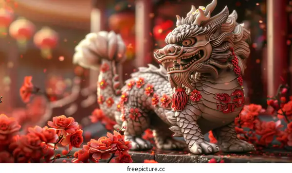 Auspicious Dragon Statue with Red Flowers