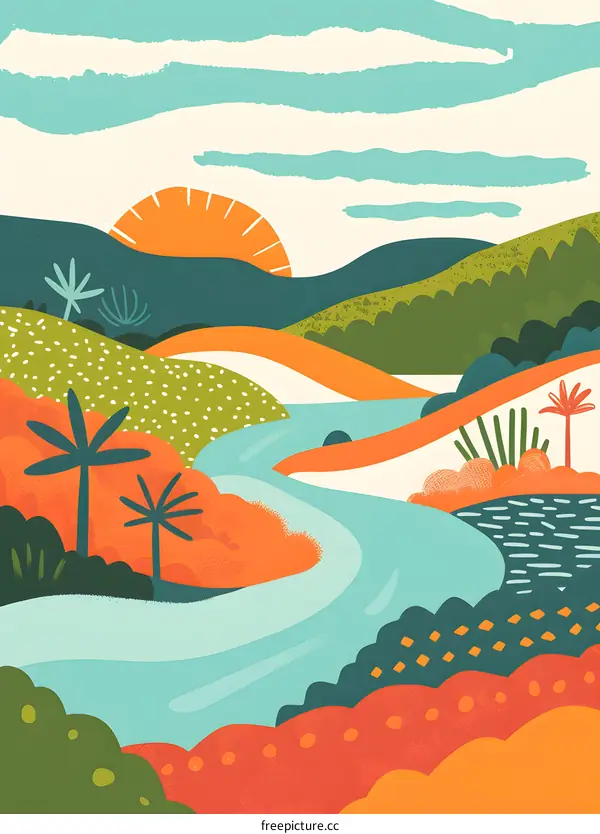 Abstract Illustration of a River Landscape with Hills and Palm Trees