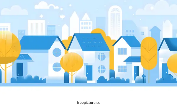 Flat Illustration of a City with Blue and Yellow Houses