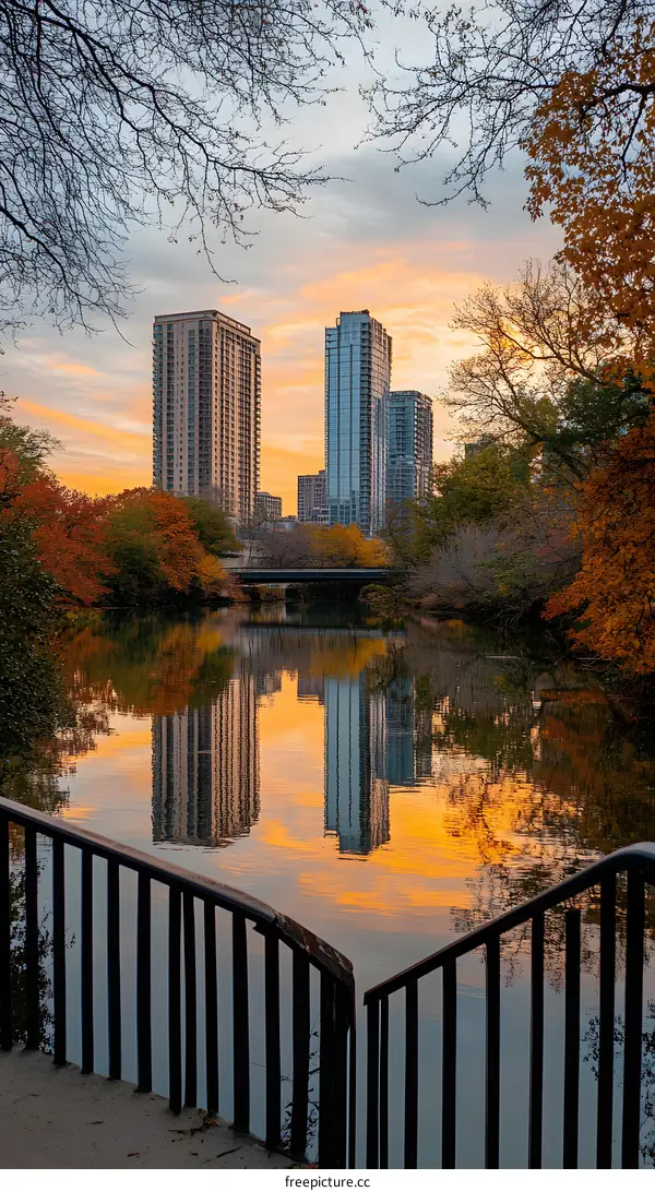 Cityscape Reflections in Autumn Sunset