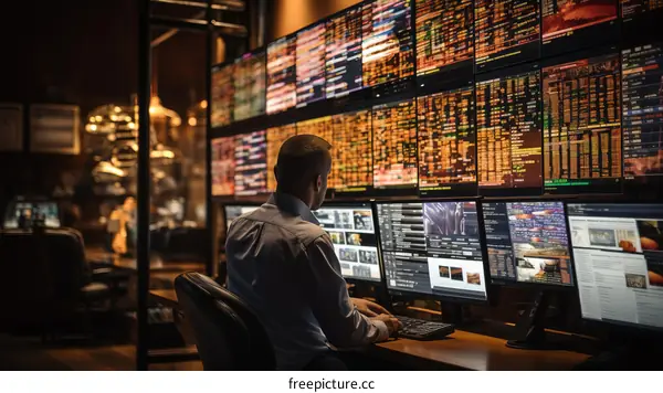 Man in a dark room surrounded by computer screens