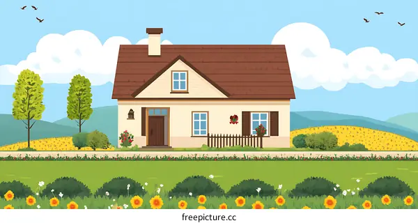Cartoon Illustration of a House in a Green Meadow with Flowers