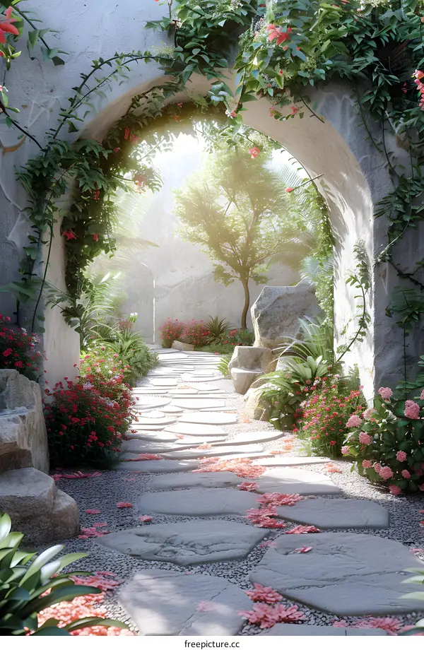 The sunlight shines through the archway and illuminates the garden path