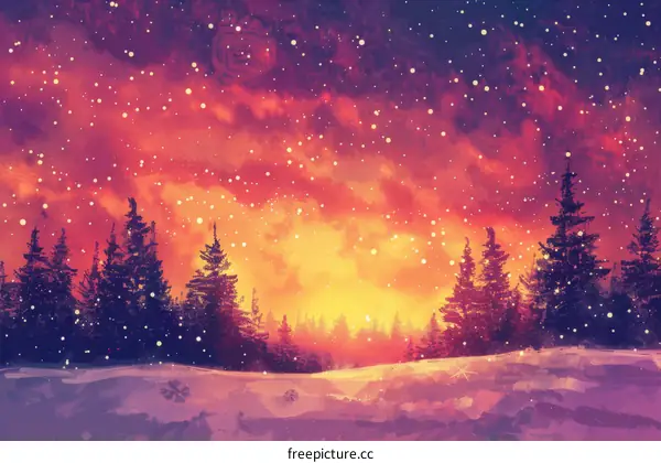 The sun sets over snow-covered pine trees