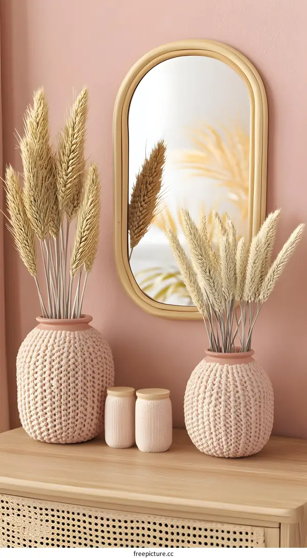 Pink Knitted Vases With Dried Pampas Grass