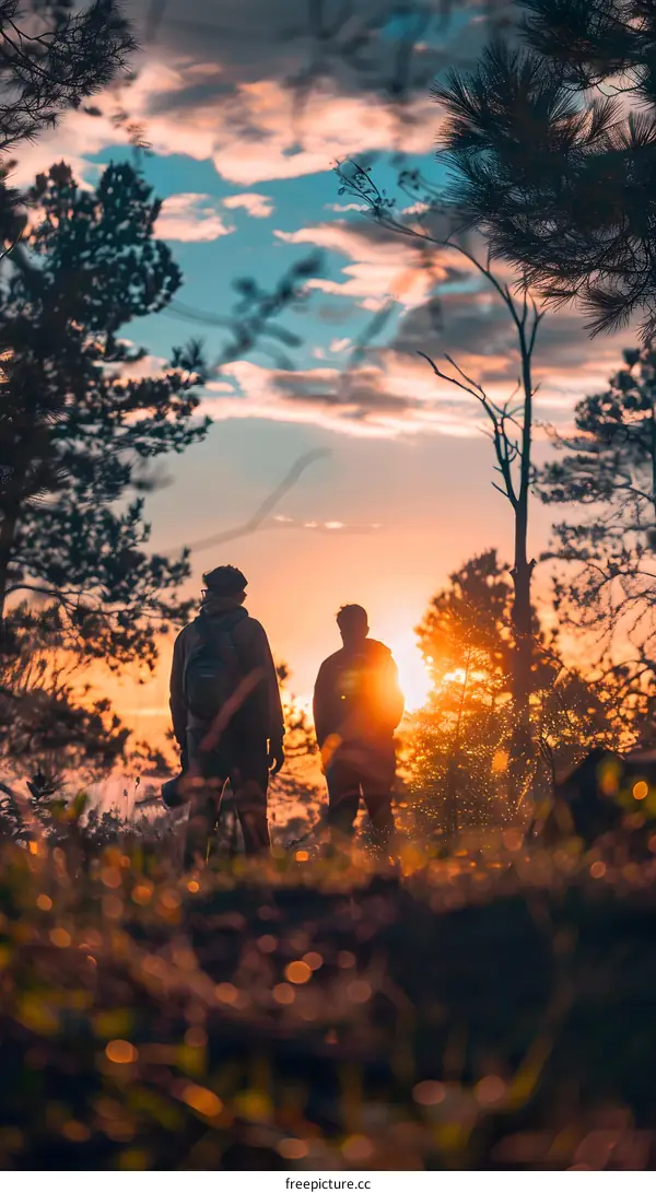 Two Silhouettes Standing in a Forest at Sunset