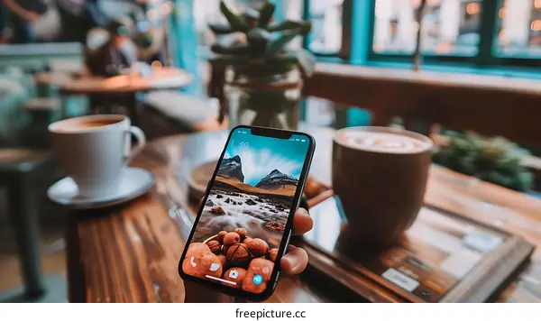 Close Up Of Hand Holding Phone In Cafe