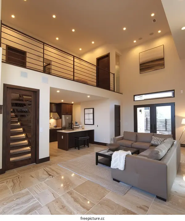 Modern house interior living room with high ceiling and open floor plan