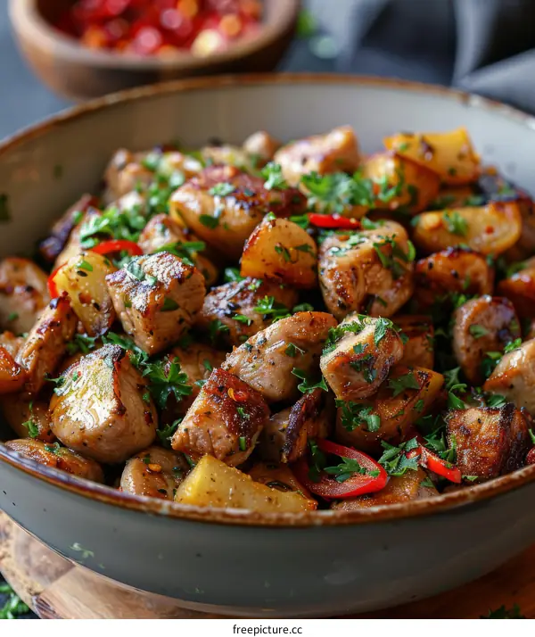 Fried pork cubes with potatoes and chili