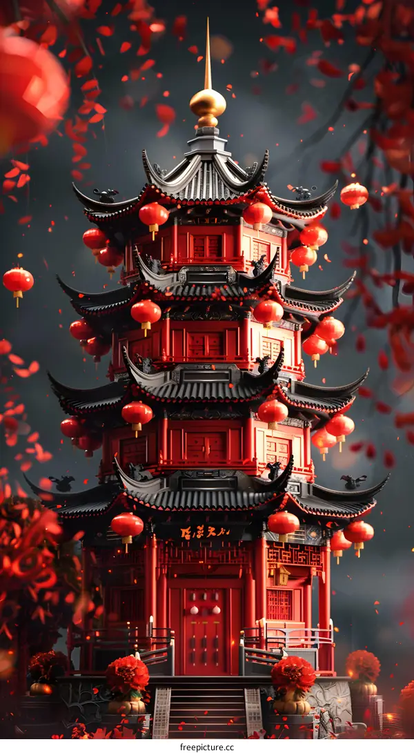 A red pagoda with black roof and red lanterns hanging from the eaves.
