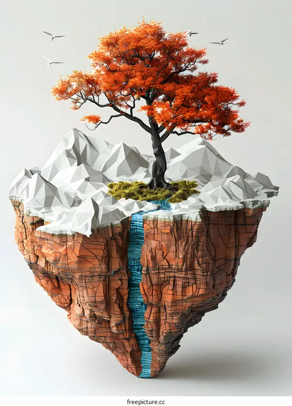 Floating Island with a Tree, Mountains and Waterfall