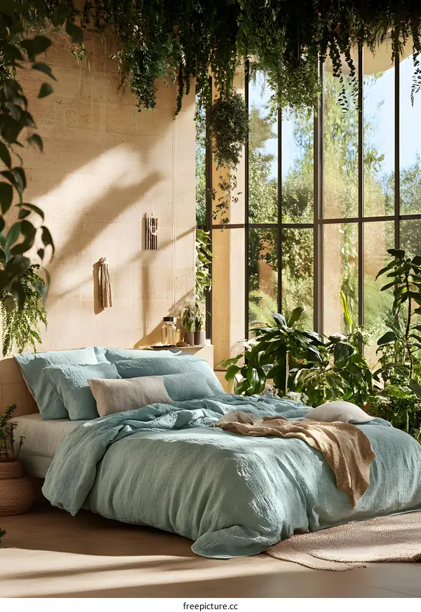 Green Bed Linen with Natural Light and Plants