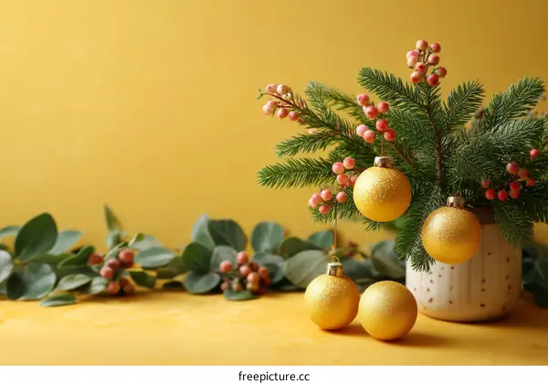 Christmas Ornament Arrangement on Yellow Background
