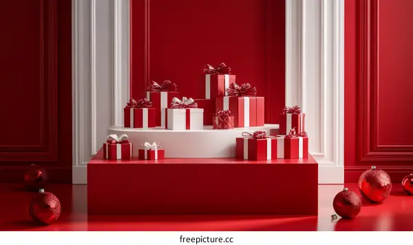 Red Christmas Gift Boxes Display on Stages