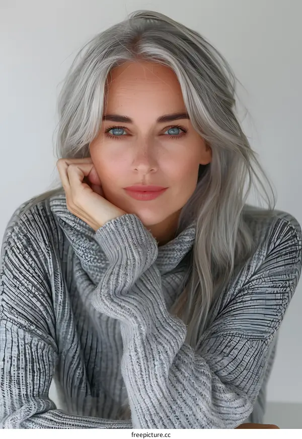 Portrait of a Woman with Silver Hair Wearing a Grey Sweater