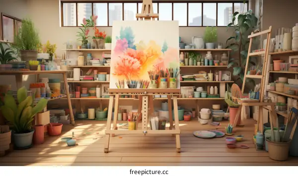 Art Studio with Colorful Forest Painting on Canvas