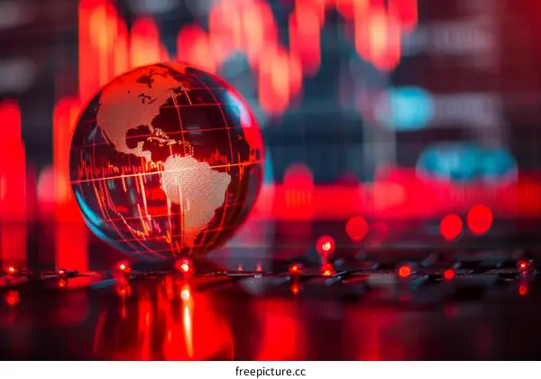 Red illuminated crystal globe on laptop keyboard with glowing red circuit board in background