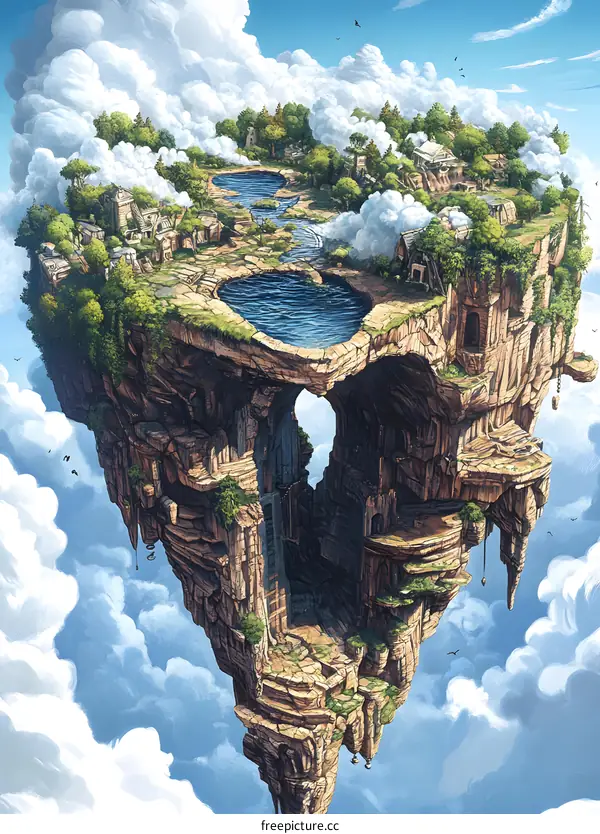 Floating Island with Houses and Trees
