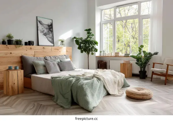 Modern Scandinavian Bedroom with Wooden Headboard