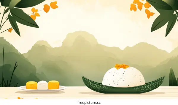 Elegant Mountain Scenery with Traditional Dessert