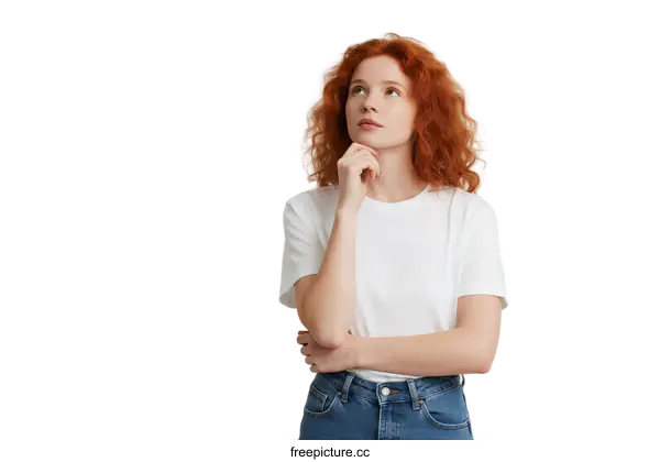 [Transparent Background PNG]Thoughtful young woman with red curly hair thinking deeply