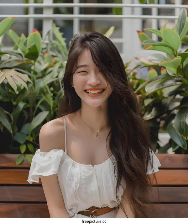Smiling Asian Woman Sitting on a Bench in a Garden