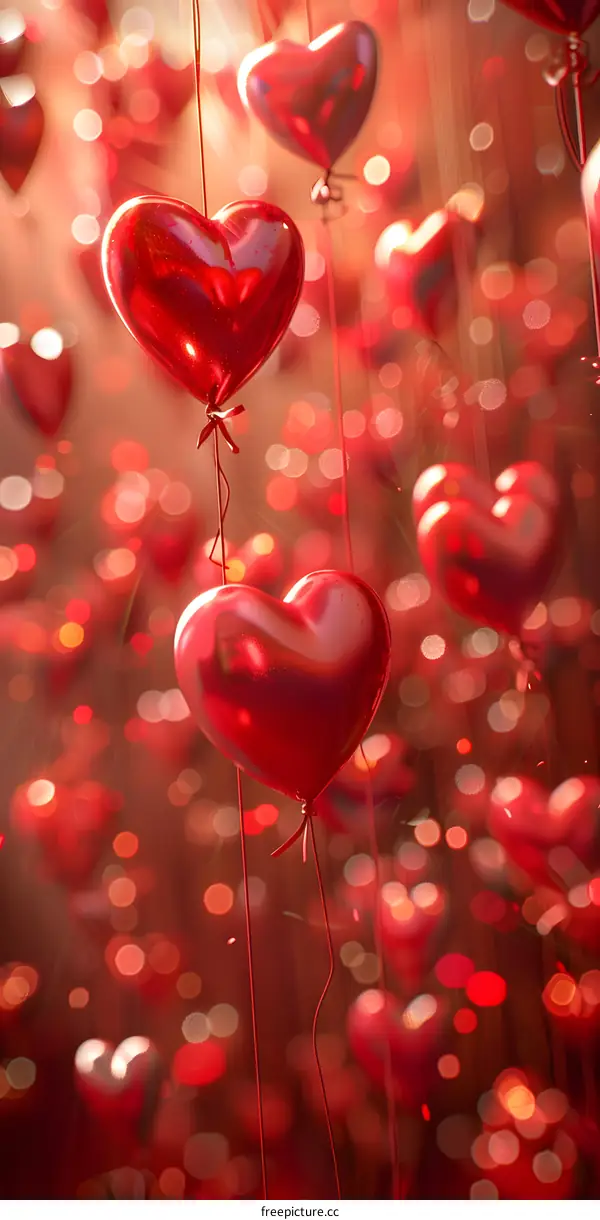 Red heart balloons floating in the air with a blurry background