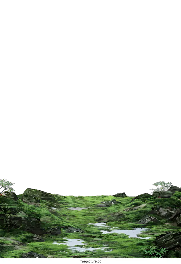 [Transparent Background PNG]Green Moss Covered Rocks and Grass Landscape