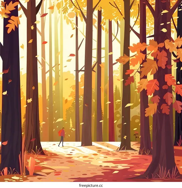 Autumn Forest Illustration with a Man Walking