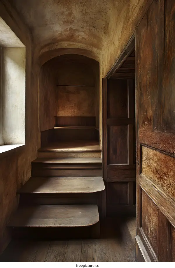 Wooden Staircase Leading to an Arched Hallway