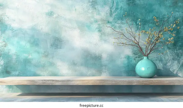 Stylish Teal Vase on Wooden Shelf Against a Teal Wall