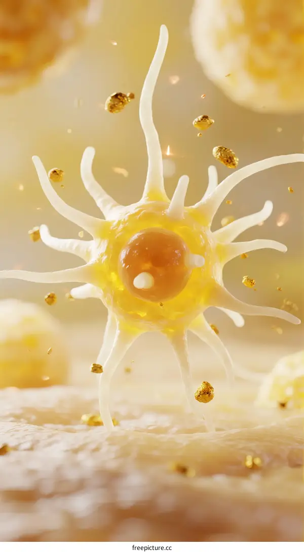 3D Rendering of Active White Blood Cell with Gold Particles