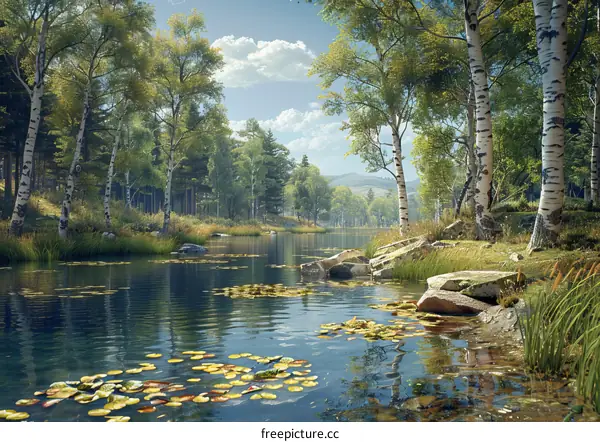 Birch Forest Bathed in Sunlight by Lake