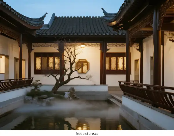 Traditional Chinese Courtyard with Pond and Bonsai Tree