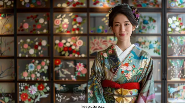 Portrait of a young woman in a kimono standing in front of a wall of colorful embroidery