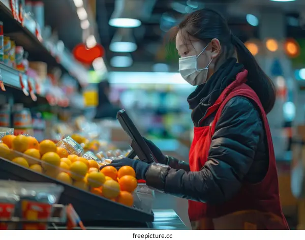 A supermarket employee wearing a mask is checking the quality of oranges