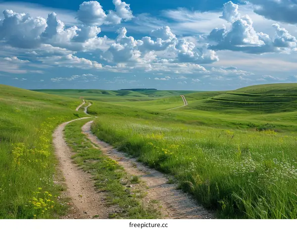 Dirt Road Through Verdant Hills on a Serene Summer's Day with Cotton-Like Clouds