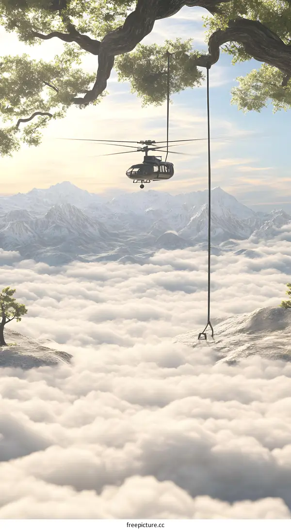 Helicopter Hanging From Tree Branch Above Clouds
