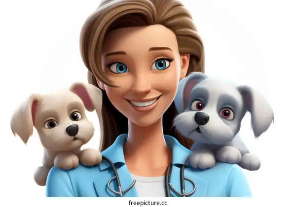 A 3D illustration of a female veterinarian with two puppies on her shoulders